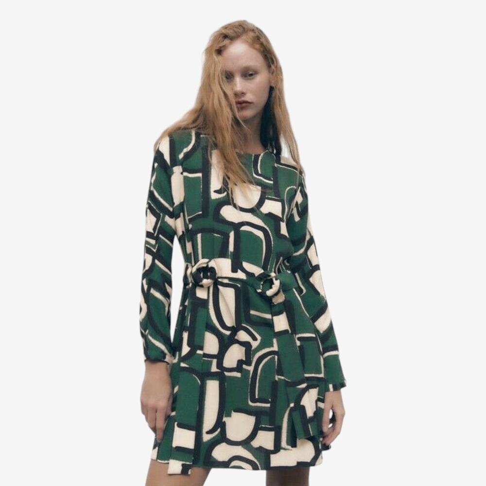 Zara Frida Green Geometric Wrap Dress Size XS Retro Mod Statement